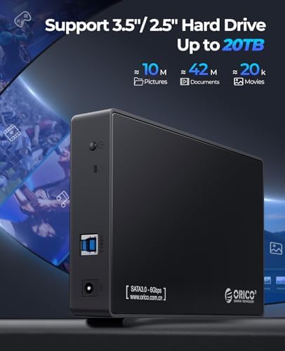 ORICO USB 3.0 External Hard Drive Enclosure for 3.5/2.5 Inch SATA Drives – Effortless Tool-Free Setup, 20 TB Capacity, UASP Acceleration for Superior Data Transfer Speeds, and Reliable 12 V/2 A Power Supply – Ideal Solution for Expanding Storage and Secure Data Transfers