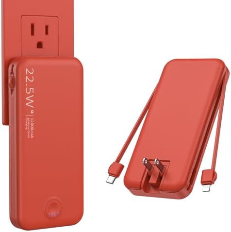 Ultra-Fast Charging Portable Power Bank with Built-In Cable and AC Plug – 12,000 m Ah USB C Travel Charger for i Phone and Android Devices – Lightweight, Compact Design for On-the-Go Power Solutions