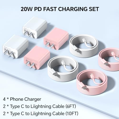 Rapid Charge 20 W PD USB-C Wall Charger Bundle with MFi Certified 6/10 FT Type C to Lightning Cables – Essential Power Solution for i Phone 14/13/12 Series & i Pad – Sleek White/Pink Design for Effortless Portability and Efficiency