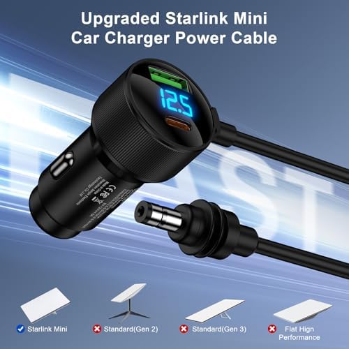 Starlink Mini 3-in-1 Cable Car Charger Adapter – 10 FT Durable DC Power Cable with Digital Voltage Display for Cars, SUVs, Trucks & RVs – USB-C PD 30 W & USB A 18 W Ports – Enhanced Compatibility for On-the-Go Charging Solutions