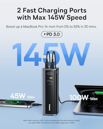 Baseus 20800 m Ah 145 W Multi-Device Power Bank – Rapid Charging Hub with 4 Ports & Smart Digital Display for Mac Book, i Phone, Samsung, Dell & Steam Deck – Ultimate Portable Charger for Professionals & Gamers on the Move