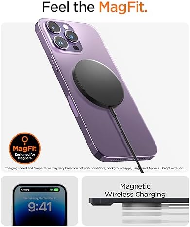 Spigen Arc Field Mag Fit Wireless Charging Pad for i Phone 16 Series – Ultra-Fast Magnetic Charger Compatible with i Phone 12-16 Models – Sleek, Safe Power Delivery Solution for Modern Workspaces and Effortless Device Alignment