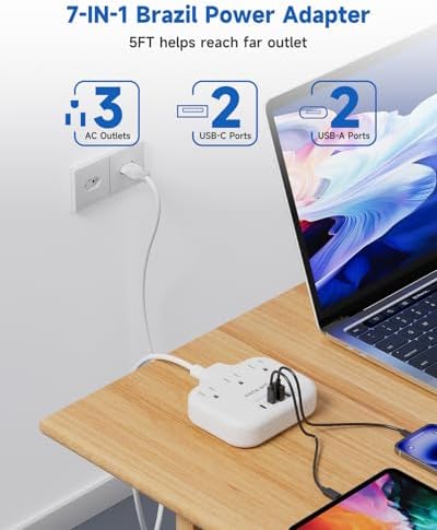 Ultimate Universal Travel Plug Adapter with PD30 W Fast Charging Hub – 3 Multi-Port Connectivity for International Travel, Featuring Dual USB-C & USB-A Outputs, 3 ft Extension Cord for Effortless Power in EU, US, UK, France & Spain – Perfect Solution for Global Adventurers Seeking Reliable Charging Options