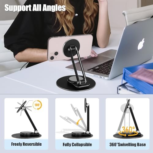 Magnetic Phone Stand for Desk, 360° Rotatable Foldable Magnetic Phone Holder Stand, Height&Tilt Adjiustable, Non Slip Base Magsafe Phone Holder for iPhone 15/14/13/12 Series/Magsafe Case (Silver) – Enhanced Compatibility and Speed