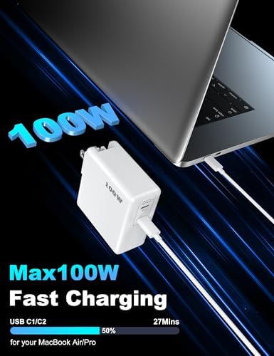High-Performance 100 W Dual-Port USB-C Fast Charger for Mac Book Pro & Air – Includes 10 FT Charging Cable, Ga N Technology, Overload Protection, and Compact Foldable Design for Effortless Travel – Compatible with i Phone 16/15 Pro and All USB-C Devices