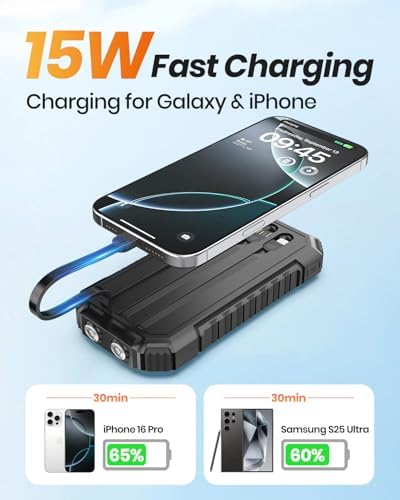 FEELLE 27000 m Ah Solar Power Bank: Ultimate Fast Charging Outdoor Charger with Dual Built-in Cables & LED Flashlights for Camping & Hiking – All-Device Compatibility & Solar-Powered Convenience