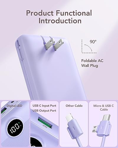VRURC 20000 m Ah Pink Portable Charger – Fast Charging Power Bank with Built-in Wall Plug & Cables, LED Display, 4 Outputs & Dual Inputs for Effortless Travel Charging Solutions, Ideal for Busy Lifestyles and Enhanced Device Compatibility