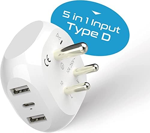 Ultra-Compact 5-in-1 Travel Power Adapter for India, Pakistan & More – Rapid Charge 3.1 Dual USB & USB-C Ports for Bangladesh & Maldives – Lightweight Design for Effortless Global Device Charging on Your Journeys