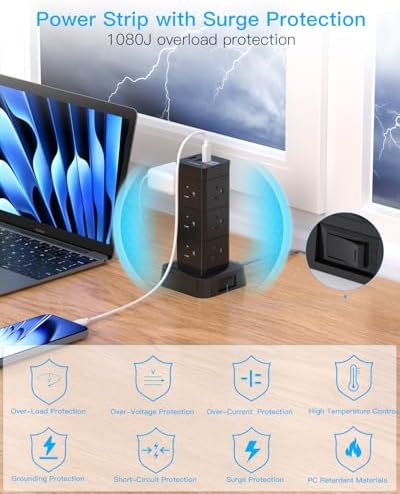 High-Performance Surge Protector Power Strip Tower with 12 Outlets and 4 USB Ports (2 USB-C) – Versatile Desktop Charging Station for Home Office and College Dorms, 6 Ft Flat Plug Extension Cord, Space-Saving Design for Enhanced Device Connectivity and Safety