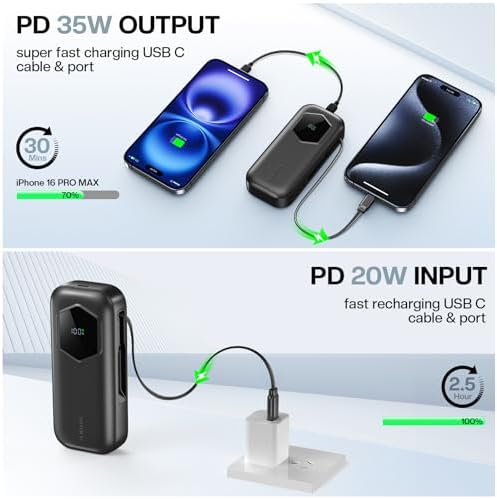 Ultra-Fast 2025 Portable Power Bank 10000 m Ah with Integrated Retractable PD Cable – 35 W Quick Charge Solution for i Phone, Samsung, Android, i Pad & Mac Book – Dual Device Charging Capability & Intelligent LED Power Indicator (Chic Blue)