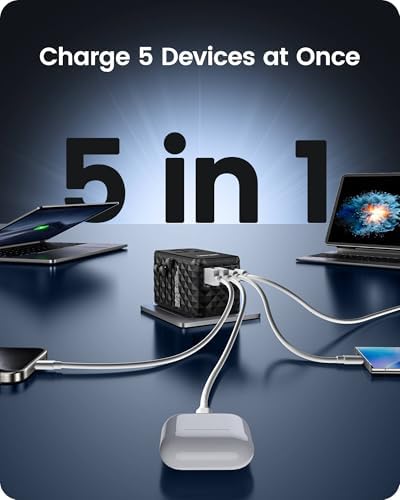 85 W Universal Travel Power Adapter with Retractable USB-C Cable – Optimal Fast Charging Hub for Global Use, Featuring 4 Ports for Seamless Connectivity in US, EU, UK & Beyond, Engineered for On-the-Go Professionals Seeking Efficiency and Versatility