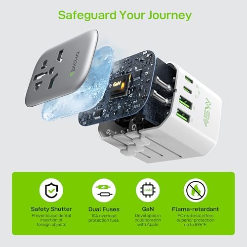 EPICKA Pulse Universal Travel Power Adapter – 45 W 5-Port Charger with Dual USB-C and USB-A for Effortless Fast Charging in Europe and Japan – Your Ultimate Travel Companion for Seamless Connectivity and Device Protection (Sleek Black Design)