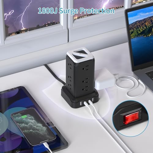 Transform Your Charging Setup with the PD20 W USB C Power Strip Tower – 6 Feet Surge Protector with 4 Fast-Charging USB Ports and Built-in Night Light, Perfect for Home, Office, or Dorm Room, Featuring a Compact Design with Thin Flat Plug for Ultimate Space Efficiency and Enhanced Device Safety