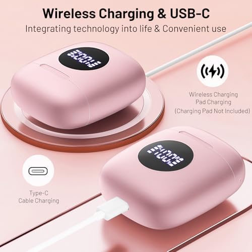 Premium Pink IP7 Waterproof Wireless Earbuds with Superior Noise-Cancelling Technology – Ultimate 50-Hour Playback & LED Charging Case for Enhanced Comfort in Sports and Daily Life