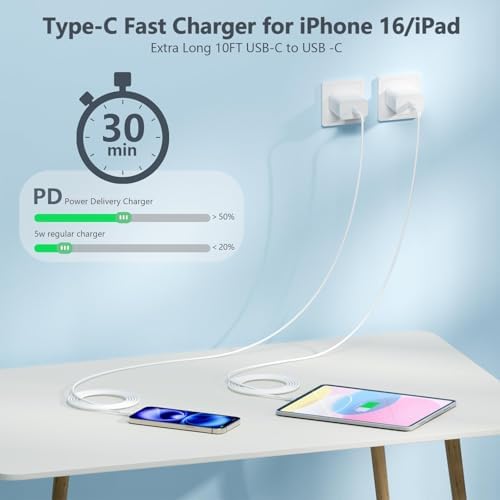 20 W USB-C Fast Charger with 10 FT Cable for Ultimate Device Compatibility – Efficient Charging Solution for Air Pods Pro 2, Air Pods Max 2, and i Phone 15/16 – High-Performance Wall Adapter for Unmatched Flexibility and Rapid Power Delivery