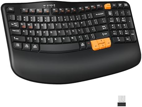Revolutionize Your Workspace with the Ergonomic Wireless Keyboard – Comfort-Driven Design with Wave Keys & Cushioned Wrist Rest for Effortless Typing, 2.4 GHz Connectivity for Windows & Mac OS, Stylish Black & Orange Finish – Spill-Resistant & Built for Longevity