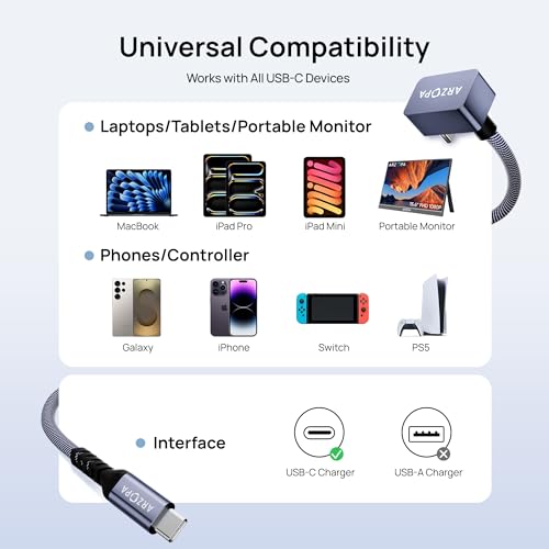 ARZOPA 100 W USB C to Type C Cable – Fast Charging & 10 Gbps Data Transfer – Durable Nylon Braided 3.3 ft Right Angle Connector for i Phone 16/15, Mac Book, i Pad Pro, Galaxy S24/S23, Thunderbolt 3 Devices – Unmatched Speed & Compatibility for Tech Enthusiasts