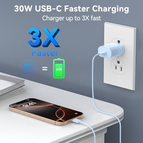 30 W USB-C Fast Charging Block with 10 FT Type C Cable – Ultimate Charging Solution for i Phone 16/15 Series and Beyond – Compact, High-Efficiency Power Adapter for Home and Travel Use – Safe and Reliable Device Charging