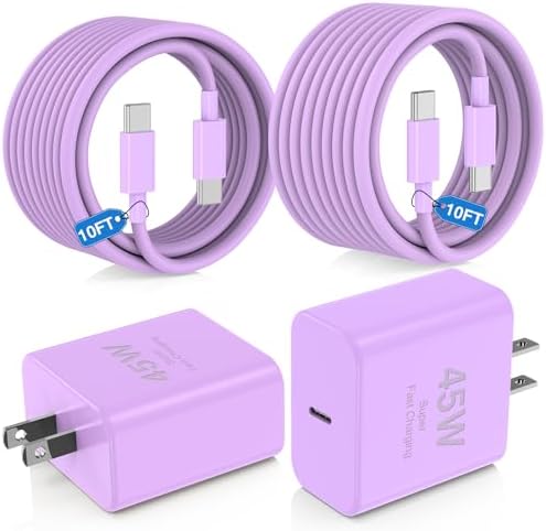 45 W USB-C Fast Charger Bundle for i Phone 16/16 Pro Max & 15/15 Pro Max – 2-Pack 10 FT Type C Cables, PD 3.0 Power Delivery Adaptor for i Pad Pro, Mac Book Air/Pro M1/M2, Air Pods – Stylish Purple Design with Enhanced Charging Speed and Compatibility