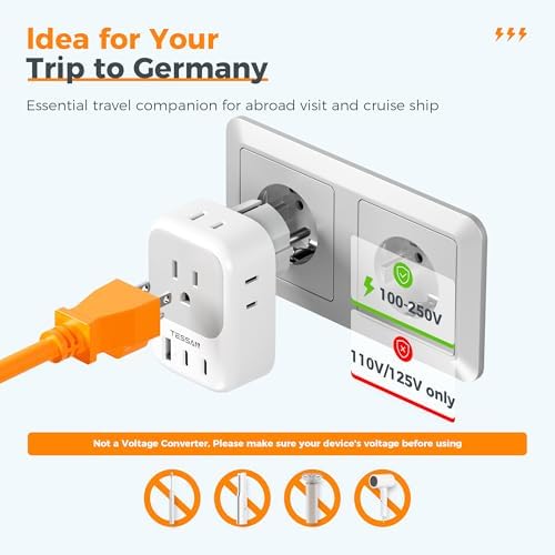 TESSAN Universal European Travel Power Adapter – 3 High-Speed USB Ports (2 USB-C) & 4 AC Outlets for Seamless Device Charging Across France, Germany, Spain, Greece & More – Compact Multi-Port Solution for Global Travelers – Ultimate Type E/F Plug Converter for Efficient Connectivity