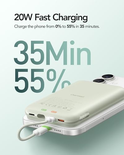 Charmast 10000 m Ah Slim Power Bank – 20 W Fast Charging Portable Charger with Removable Cable for i Phone & Android – Lightweight Hand-Free Battery Pack with Digital Display for Effortless Travel Convenience