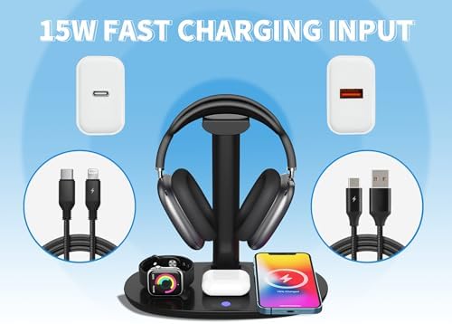 Transform Your Space with the Ultimate 4-in-1 Headphone Stand & 15 W Qi Wireless Charger – The Perfect Detachable Accessory Organizer for Home, Travel, and Hotels, Offering Fast Charging and Universal Compatibility for All Your Devices