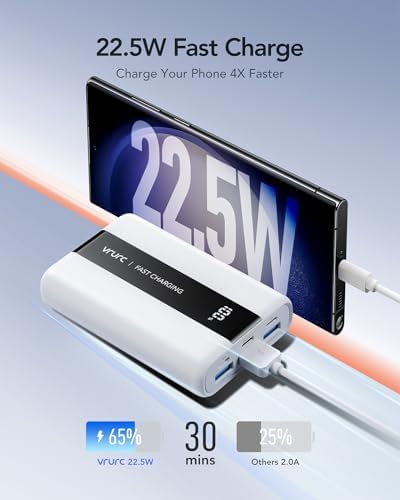 Ultra-Reliable VRURC 20,000 m Ah Portable Power Bank – Fast Charging Battery Pack with 4 USB Outputs and 3 Input Options for Ultimate Device Compatibility – Compact Travel Essential for i Phone, Samsung, and Android Users – Durably Designed for On-the-Go Charging Needs