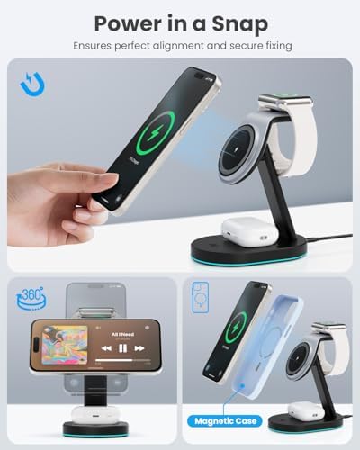Ultimate 3-in-1 Wireless Charging Station for i Phone, Apple Watch, and Air Pods – Qi2 Certified 15 W Magnetic Charger with 30 W USB-C Adapter & Integrated Night Light – Streamlined Design for i Phone 16/15/14/13/12 – Superior Speed and Enhanced Compatibility for Modern Tech Users