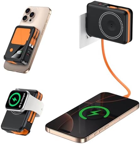 Revolutionary 3-in-1 Magnetic Wireless Power Bank – 10,000 m Ah Capacity with Built-in Cables and AC Plug – 22.5 W Fast Charging for i Phone 15/14/13/12, Apple Watch, and Air Pods – Ultimate Travel Companion for Seamless Device Charging