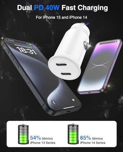 Ultimate 40 W Dual USB-C Car Charger for i Phone 16/15 & i Pad Pro – MFi Certified Fast Charging Adapter with 6 FT USB-C Cable for Galaxy S24/S23 – Premium Power Solution for On-the-Go Connectivity in Sleek White Finish