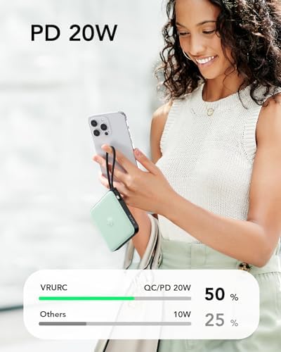 VRURC 10,000 m Ah USB C Portable Charger – Fast Charging Power Bank with Built-in Cable for i Phone 16/15/14, Galaxy S23/S22, Google Pixel & More – Lightweight Green Design for Ultimate Mobility and Reliability
