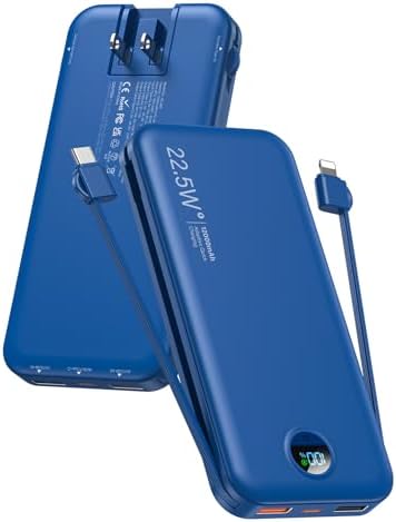Ultra-Fast Portable Phone Charger with 12000 m Ah Capacity – All-in-One Power Bank with Integrated Cables, Wall Plug, and LED Display for i Phone, i Pad, Samsung – Essential Travel Companion for Uninterrupted Connectivity