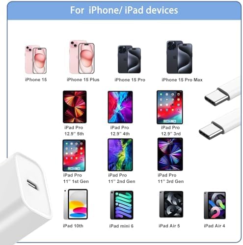 Swift Charge 20 W USB-C Charger for i Phone 15 & i Pad – 6 FT Cable Included – Rapid Power Solution for i Phone 16 Pro Max, i Pad Pro, Mini & Air – Lightweight, Durable, and Versatile Charging Block for All Your Devices – Say Goodbye to Long Wait Times with Enhanced Compatibility and Safety Features