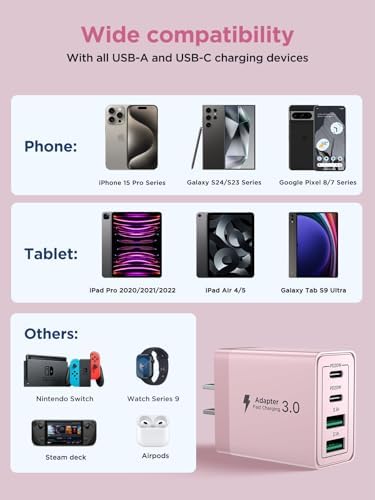 Aioneus 40 W USB C Fast Charging Block – 4-Port Dual PD & QC Wall Charger for i Phone 11-16, i Pad & Samsung Devices – Compact, High-Performance Power Adapter with Enhanced Safety Features for Home & Travel