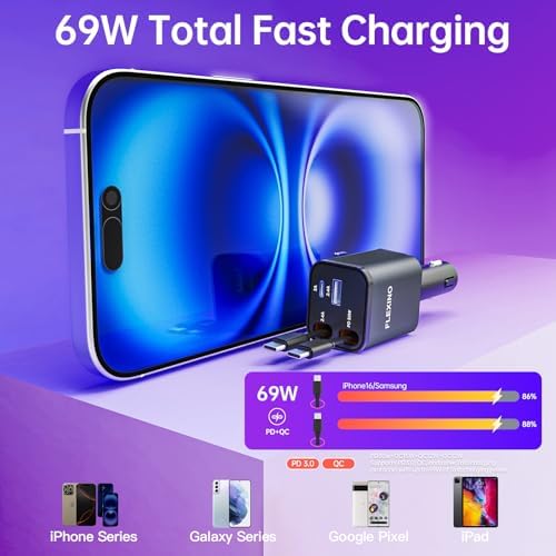 Premium Flexino Compact Retractable Car Charger for i Phone 16 – 69 W Fast Charging with Dual 2.6 ft USB C Cords | Efficient Power Adapter Compatible with i Phone 16/15/14/13/12 Series & Galaxy Devices | Sleek Grey Design for Ultimate Portability and Reduced Cable Clutter