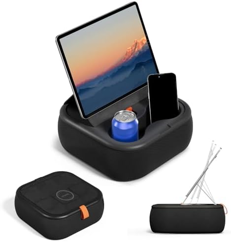 Ultimate Magnetic Tablet Pillow Stand – Ergonomic Lap Holder with Dual Magnetic Rings for Secure Device Support, Compatible with 4-13″ Tablets, Phones, and Kindles, Cozy and Lightweight Design for Home, Travel, and Office Use in Sleek Black