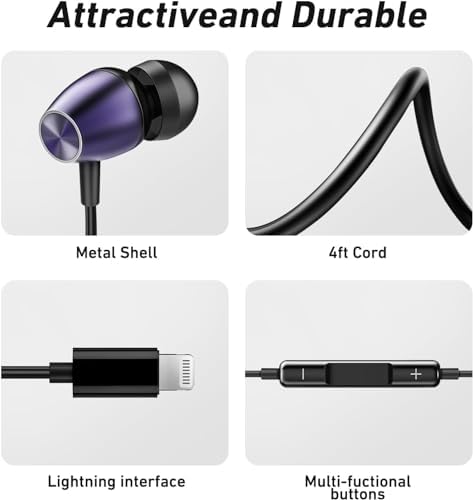 Keyron MFi Certified Lightning Earbuds for i Phone – Premium Wired Headphones with In-Line Microphone & Volume Control, Compatible with i Phone 14/13/12/11/XR/XS/X/8/7/SE/Pro/Pro Max – Stylish Black & Purple Duo for Exceptional Sound Quality and Everyday Versatility