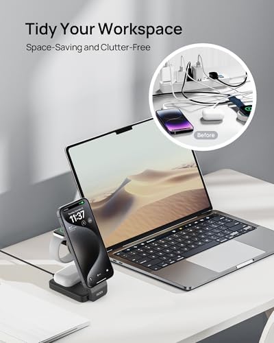 SODI Qi2-Certified 3-in-1 Foldable Wireless Charging Station with Adjustable Night Light – Fast Travel Charger for i Phone, Android, Apple Watch & Air Pods, Sleek Multi-Device Nightstand Charger for Effortless Power Management and Enhanced Compatibility