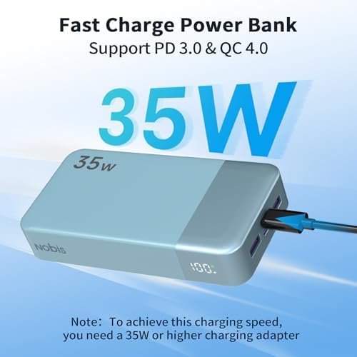 NOBIS 20000 m Ah Portable Power Bank – 35 W Fast Charging Battery Pack with USB-C Cable & Digital Display for Ultimate Device Compatibility – Stay Charged on the Go!