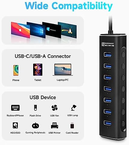 Transform Your Workspace with the Rosonway 8-Port USB 3.2 Hub – Lightning-Fast 10 Gbps Data Transfers, Dual SD/TF Card Readers, 3.3 ft Extension Cable & Robust 12 V/2 A Power Supply – Sleek Aluminum Design for Ultimate Convenience and Efficiency
