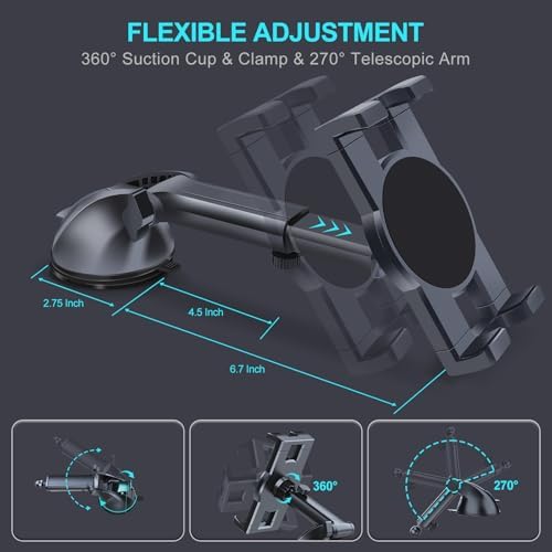 Ultimate 360° Rotatable Car Tablet Mount Holder for Dashboards & Windshields – Secure Suction Cup Stand for i Pad Pro, Samsung Galaxy Tabs, and i Phone Models 4.7″-12.9″ – Enhanced Compatibility for Safe Navigation and Hands-Free Access