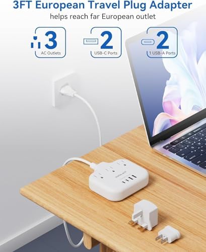 Ultimate Universal Travel Plug Adapter with PD30 W Fast Charging Hub – 3 Multi-Port Connectivity for International Travel, Featuring Dual USB-C & USB-A Outputs, 3 ft Extension Cord for Effortless Power in EU, US, UK, France & Spain – Perfect Solution for Global Adventurers Seeking Reliable Charging Options