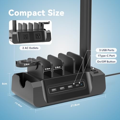 KDD 6-in-1 Multi-Device Charging Station – Sleek Black Dock for Smartphones, Tablets, Apple Watch & Headphones – Fast Charge with 2 AC & 4 USB Ports – Space-Saving Design for Ultimate Organization and Efficiency – Perfect Home & Office Charging Solution
