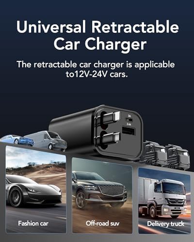 2025 Ultra-Compact 4-in-1 Retractable Car Charger – 69 W Fast Charging Adapter for i Phone 16, Galaxy and More – Innovative Space-Saving Design with Multiple Ports for Simultaneous Device Powering – Essential Car Accessory for Daily Commutes and Road Trips