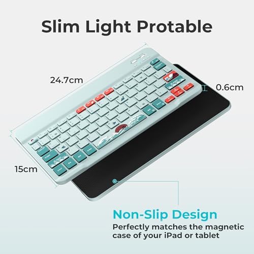 Ultra-Portable XVX WK60 Foldable Bluetooth Keyboard with Kanagawa Wave Art – Multi-Device Compatible Wireless Keyboard for i Pad, i Phone, Mac Book, Android & Windows – Long-Lasting 20-Hour Battery Life – Elevate Your Typing Experience Anywhere