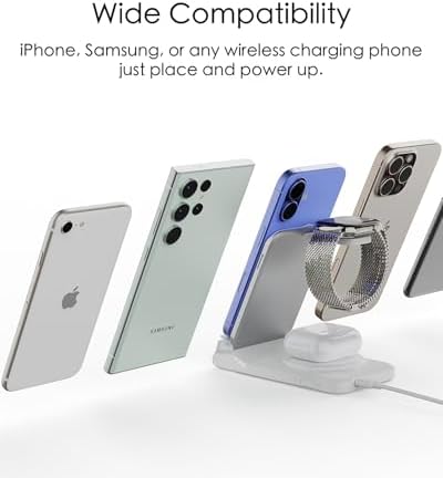 Ultimate 3-in-1 Travel Charging Station for i Phone, Android & Apple Devices – Fast Wireless Dock for Phones, Air Pods & Apple Watch – Foldable Multi-Device Charger for On-the-Go Power Solutions – Enhanced Compatibility & Speed (Adapter Not Included)