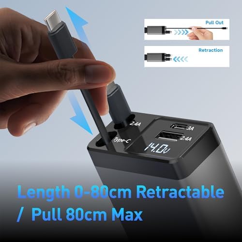 High-Performance 120 W Retractable Car Charger Adapter – Fast Charging Solution with 2.6 ft Cables, 180° Adjustable Design, and Real-Time Voltage Display for Ultimate Device Compatibility and Convenience