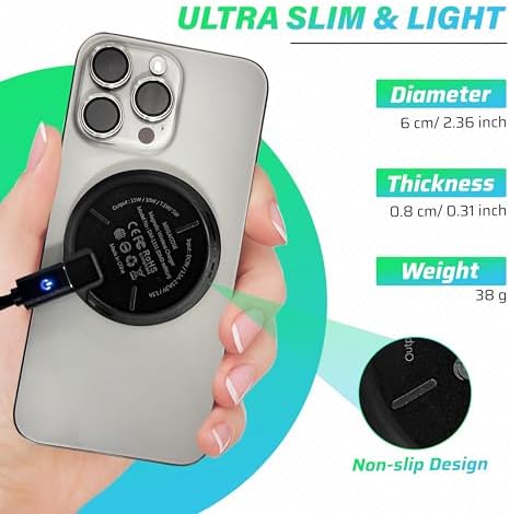 MEGACOM 15 W Magnetic Wireless Charging Pad – Fast, Efficient Charger for i Phone 15/14 & Samsung Galaxy S22/S21/S20 – Portable USB-C Compatible Solution for Seamless Power-Up – Sleek Black Design for Home & Travel Use