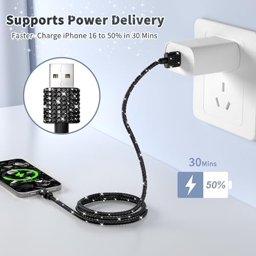 Black Diamond MFi Certified Fast Charging Cable for i Phone – 4 FT USB-A to Lightning Cord with Sparkling Rhinestone Design, Compatible with i Phone 14, 13, 12, 11 Pro Max, XR, XS, X, 8, and 7 – Durable and Stylish Charging Solution for Rapid Power Delivery