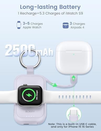 Compact RORRY 2500 m Ah Portable Charger for Apple Watch – Fast Charging Power Bank with Built-in USB-C Cable, Ideal Travel Companion for Series 10, 9, 8, 7, 6, 5, Ultra 2, and SE, Stylish Pink Design for On-the-Go Charging and Enhanced Device Compatibility